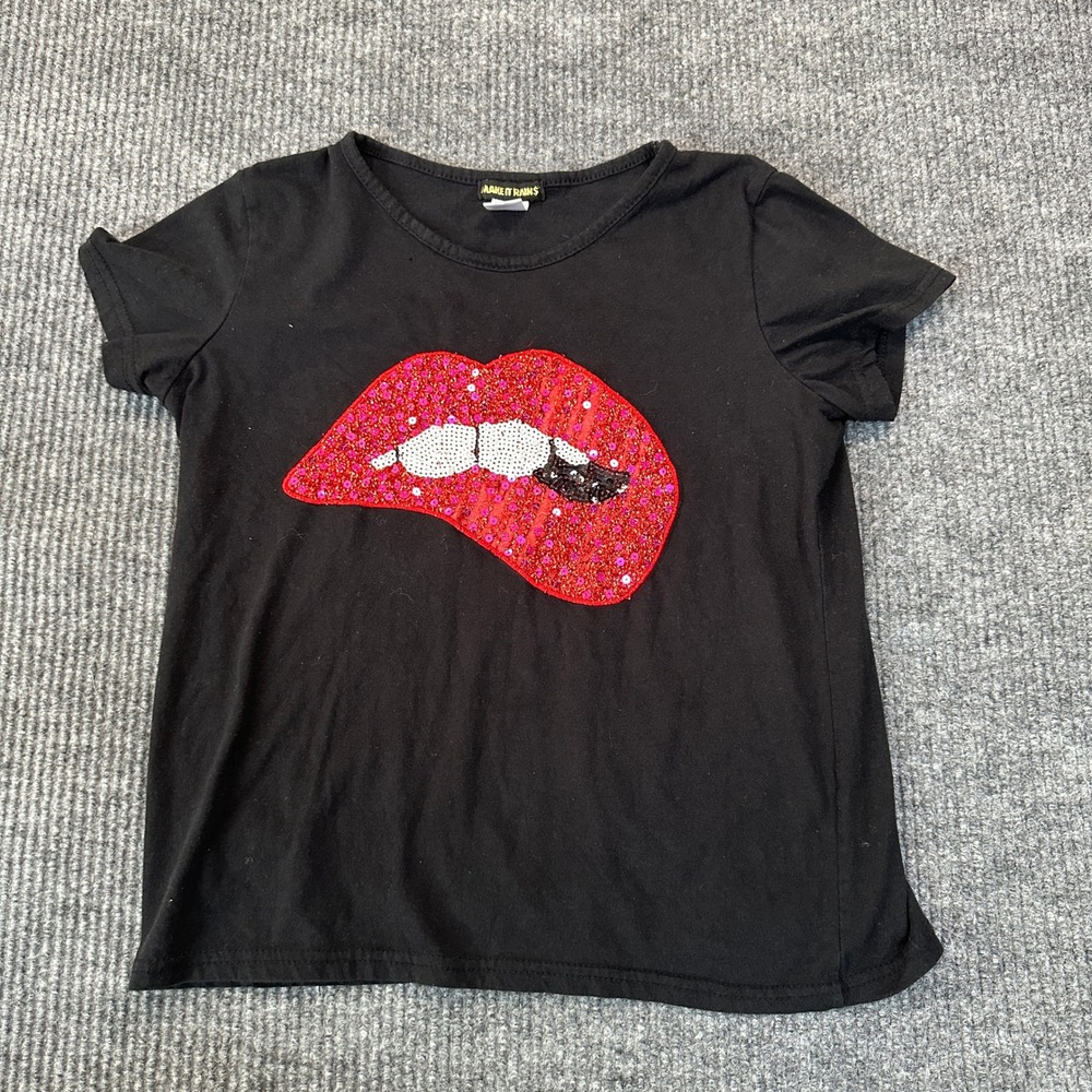 Make It Rain$ Sequin Lips Graphic T-Shirt Large Black Sparkle Cotton Blend